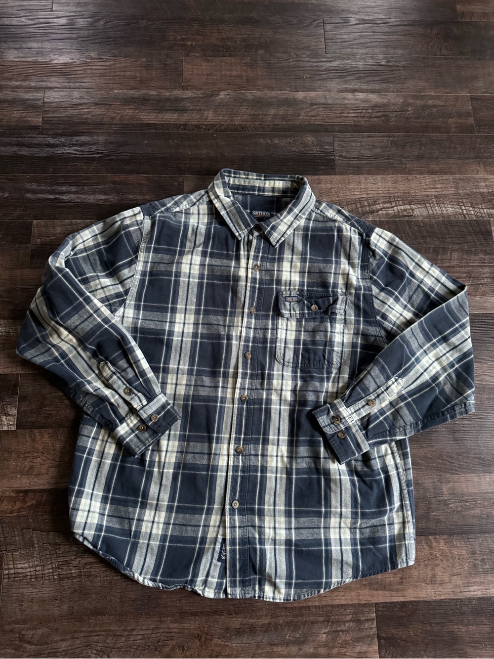 Smith’s Workwear Button-Front Navy Plaid Long-Sleeve Flannel Shirt XL